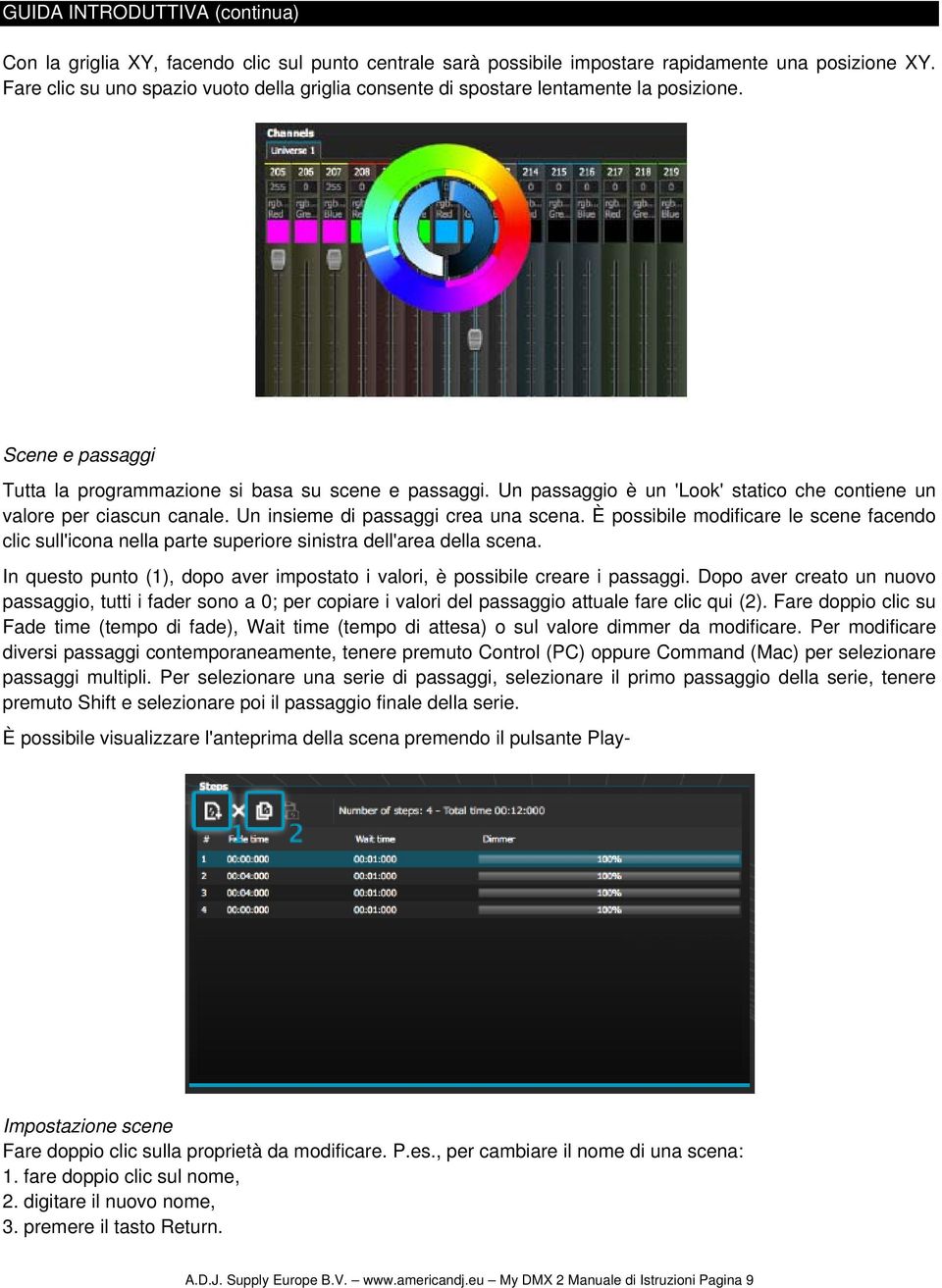 Un passaggio è un 'Look' statico che contiene un valore per ciascun canale. Un insieme di passaggi crea una scena.