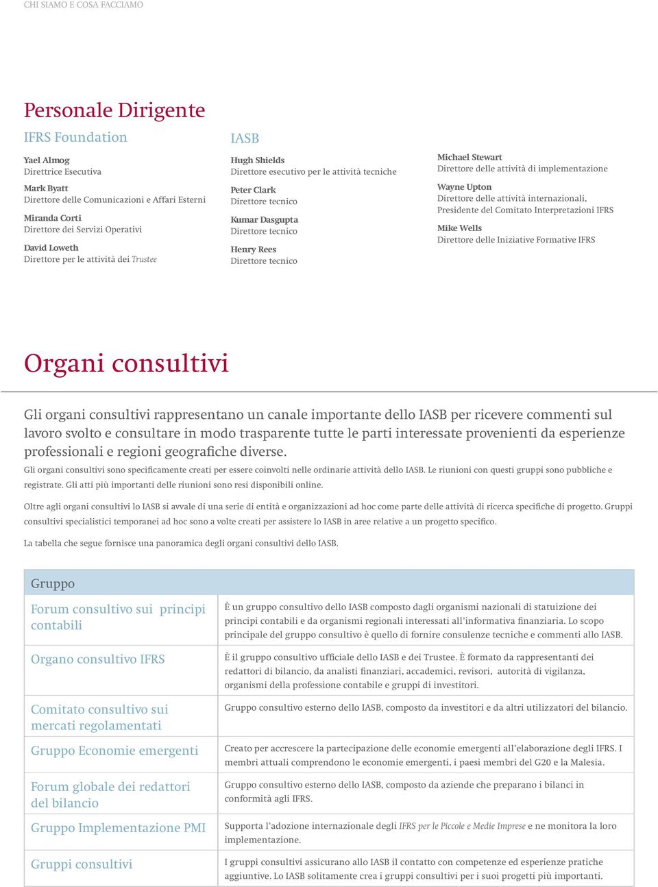 attività di implementazione Wayne Upton Direttore delle attività internazionali, Presidente del Comitato Interpretazioni IFRS Mike Wells Direttore delle Iniziative Formative IFRS Organi consultivi