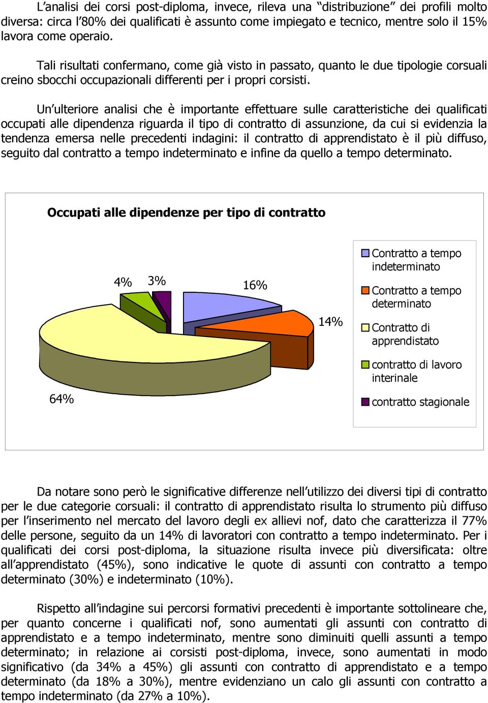 Un ulteriore analisi che è importante effettuare sulle caratteristiche dei qualificati occupati alle dipendenza riguarda il tipo di contratto di assunzione, da cui si evidenzia la tendenza emersa