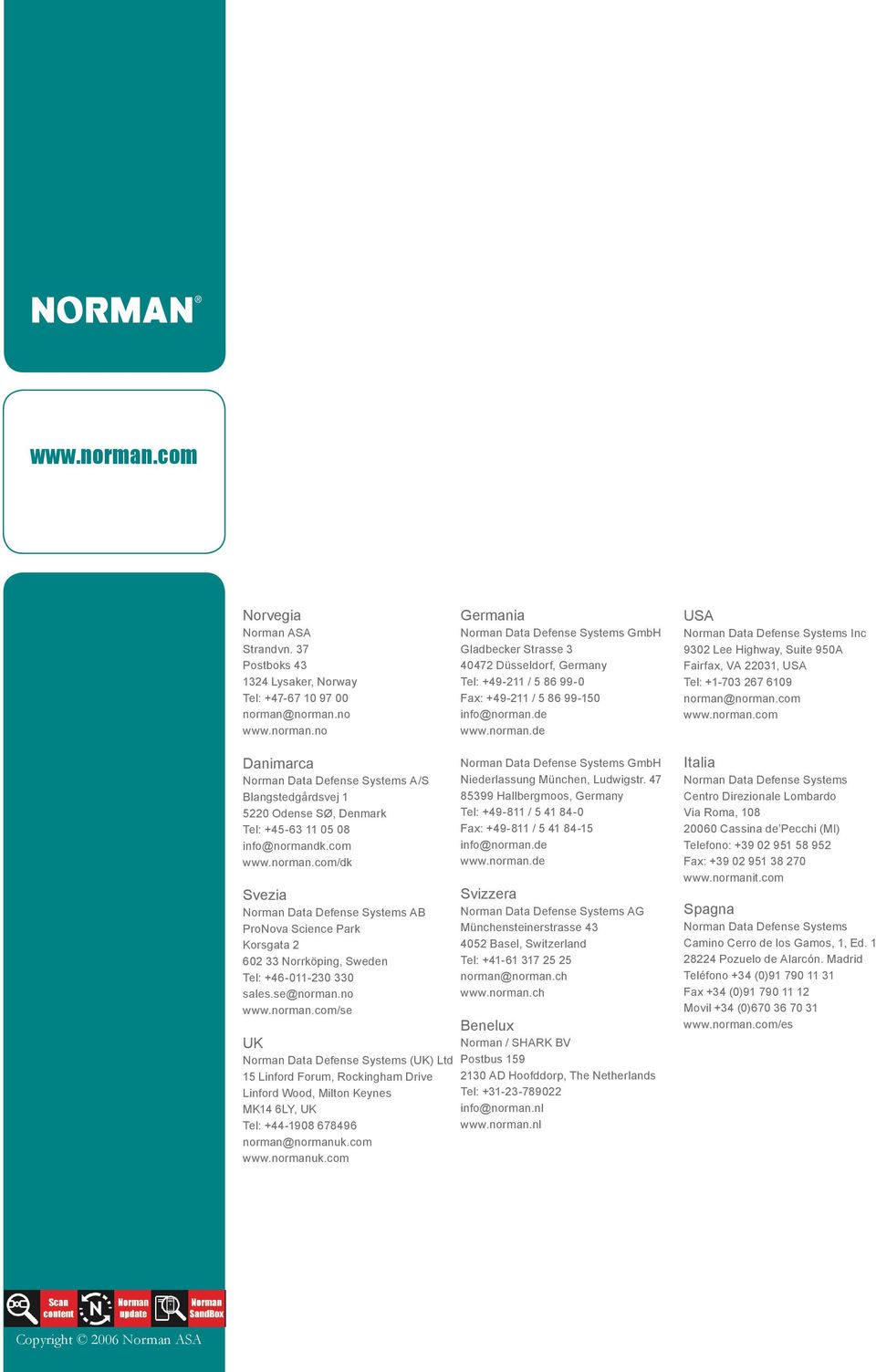 com www.norman.com/dk Svezia Norman Data Defense Systems AB ProNova Science Park Korsgata 2 602 33 Norrköping, Sweden Tel: +46-011-230 330 sales.se@norman.no www.norman.com/se UK Norman Data Defense Systems (UK) Ltd 15 Linford Forum, Rockingham Drive Linford Wood, Milton Keynes MK14 6LY, UK Tel: +44-1908 678496 norman@normanuk.