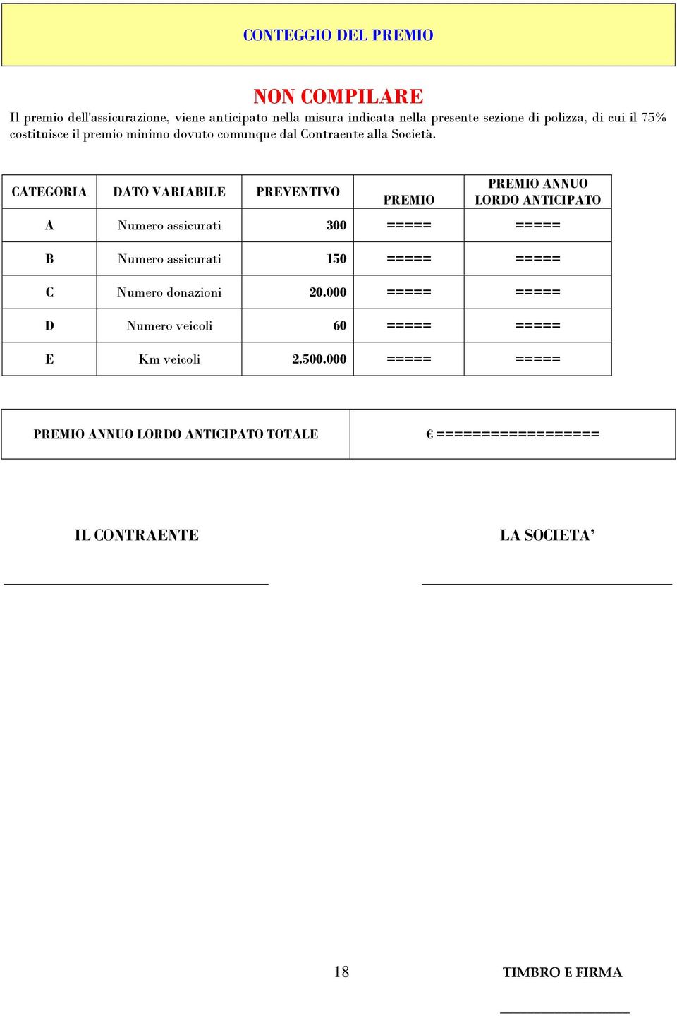 CATEGORIA DATO VARIABILE PREVENTIVO PREMIO PREMIO ANNUO LORDO ANTICIPATO A Numero assicurati 300 ===== ===== B Numero assicurati 150 =====