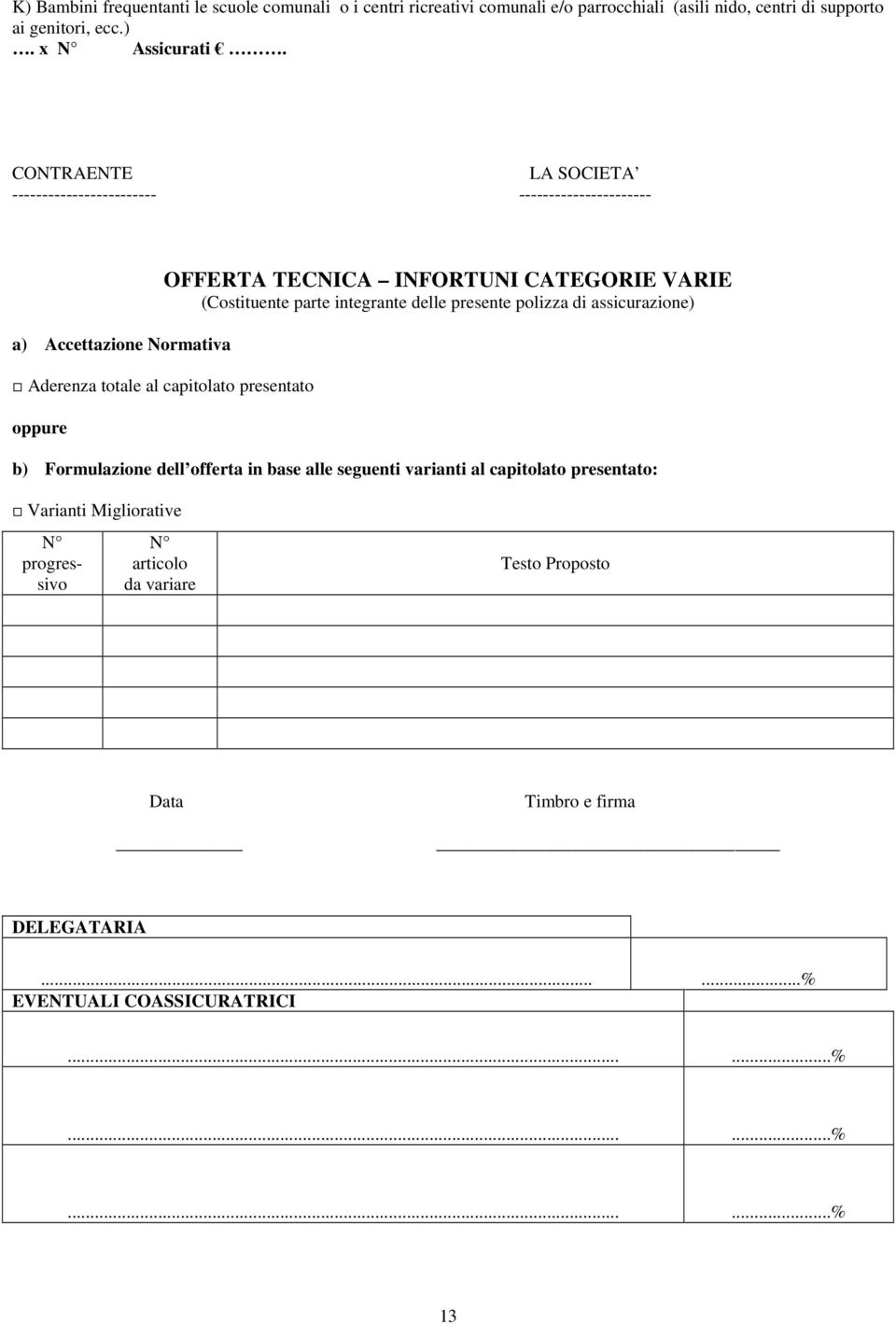 INFORTUNI CATEGORIE VARIE (Costituente parte integrante delle presente polizza di assicurazione) b) Formulazione dell offerta in base alle seguenti varianti al