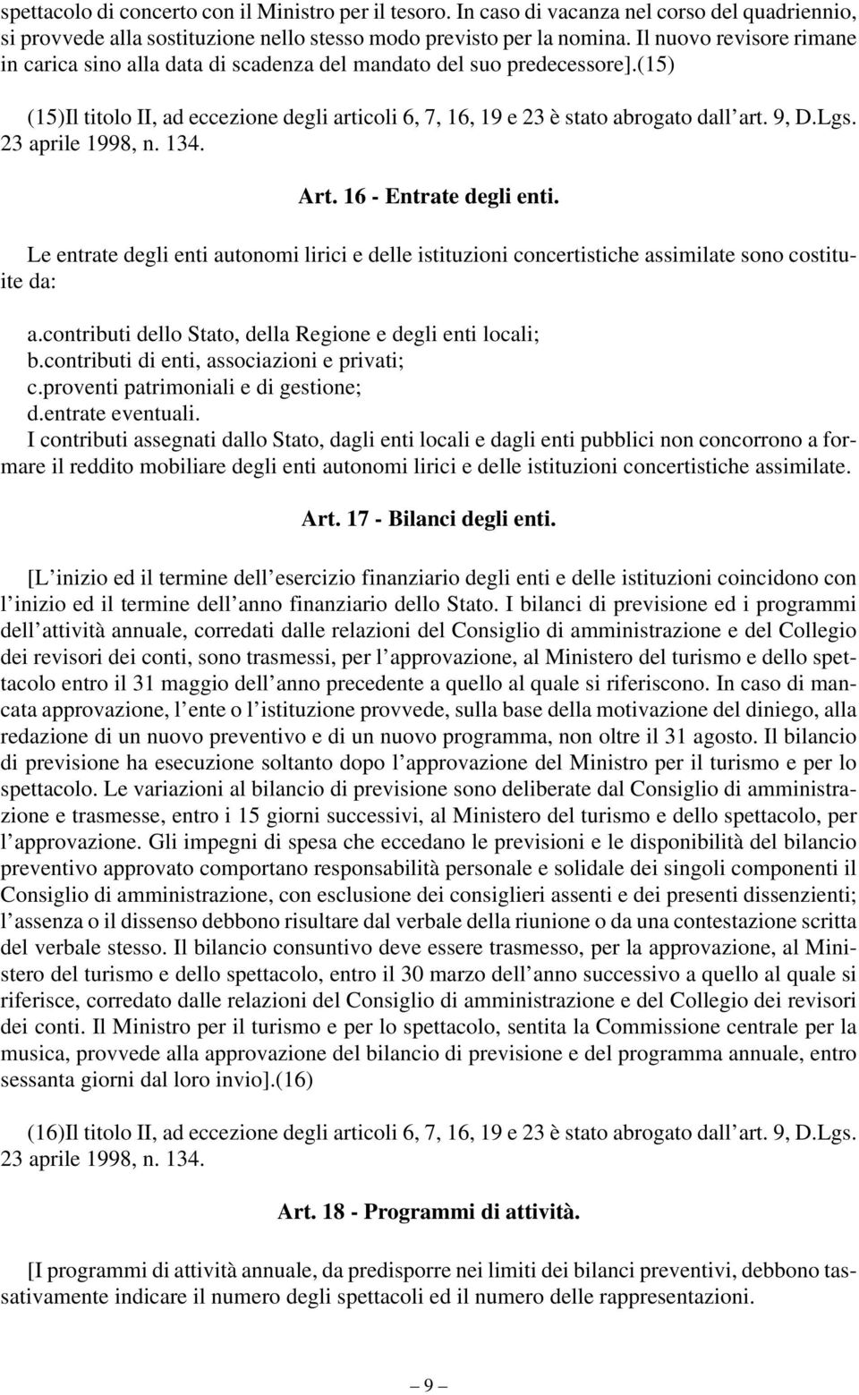 Lgs. Art. 16 - Entrate degli enti. Le entrate degli enti autonomi lirici e delle istituzioni concertistiche assimilate sono costituite da: a.