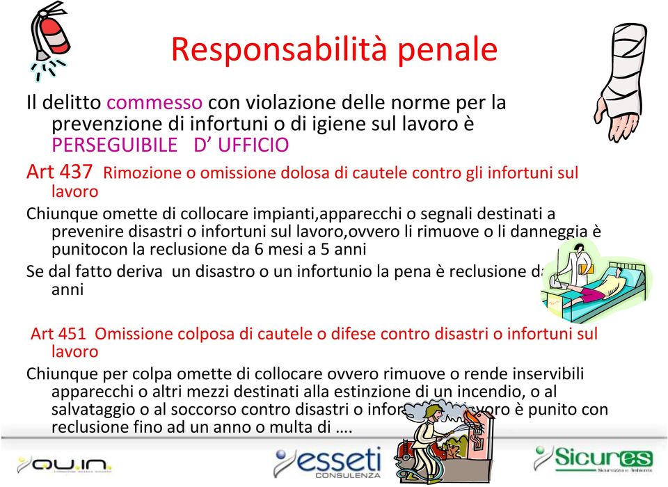 reclusione da 6 mesi a 5 anni Se dal fatto deriva un disastro o un infortunio la pena èreclusione da 3 a10 anni Art 451 Omissione colposa di cautele o difese contro disastri o infortuni sul lavoro