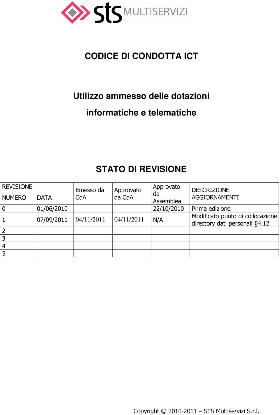 AGGIORNAMENTI 0 01/06/2010 22/10/2010 Prima edizione 1 07/09/2011 04/11/2011 04/11/2011 N/A 2 3