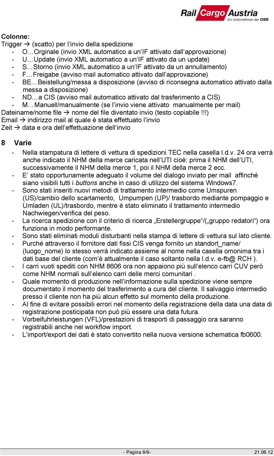 automatico attivato dalla messa a disposizione) - ND a CIS (avviso mail automatico attivato dal trasferimento a CIS) - M Manuell/manualmente (se l invio viene attivato manualmente per mail)