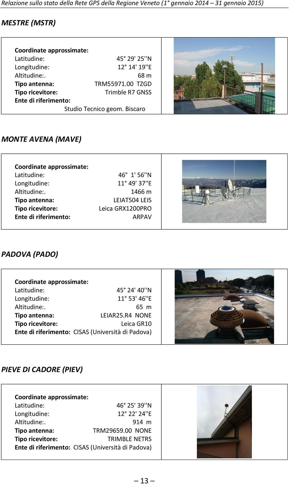 Tipo antenna: Tipo ricevitore: Ente di riferimento: 46 1' 56''N 11 49' 37''E 1466 m LEIAT504 LEIS Leica GRX1200PRO ARPAV PADOVA (PADO) Coordinate approssimate: Latitudine: 45 24' 40''N Longitudine: