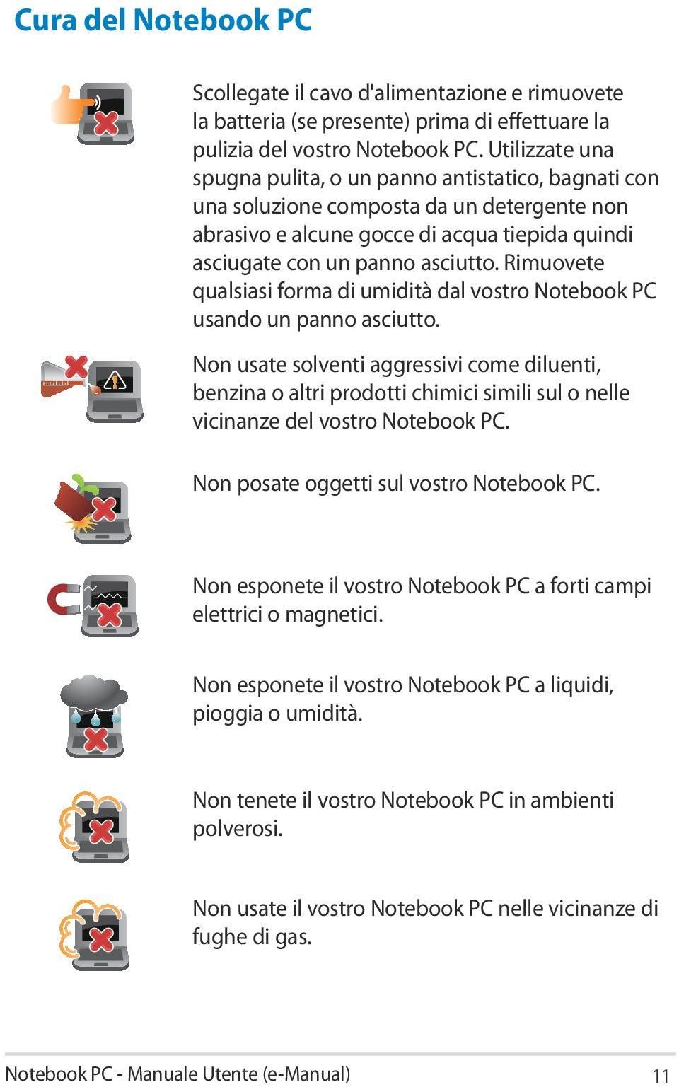 Rimuovete qualsiasi forma di umidità dal vostro Notebook PC usando un panno asciutto.