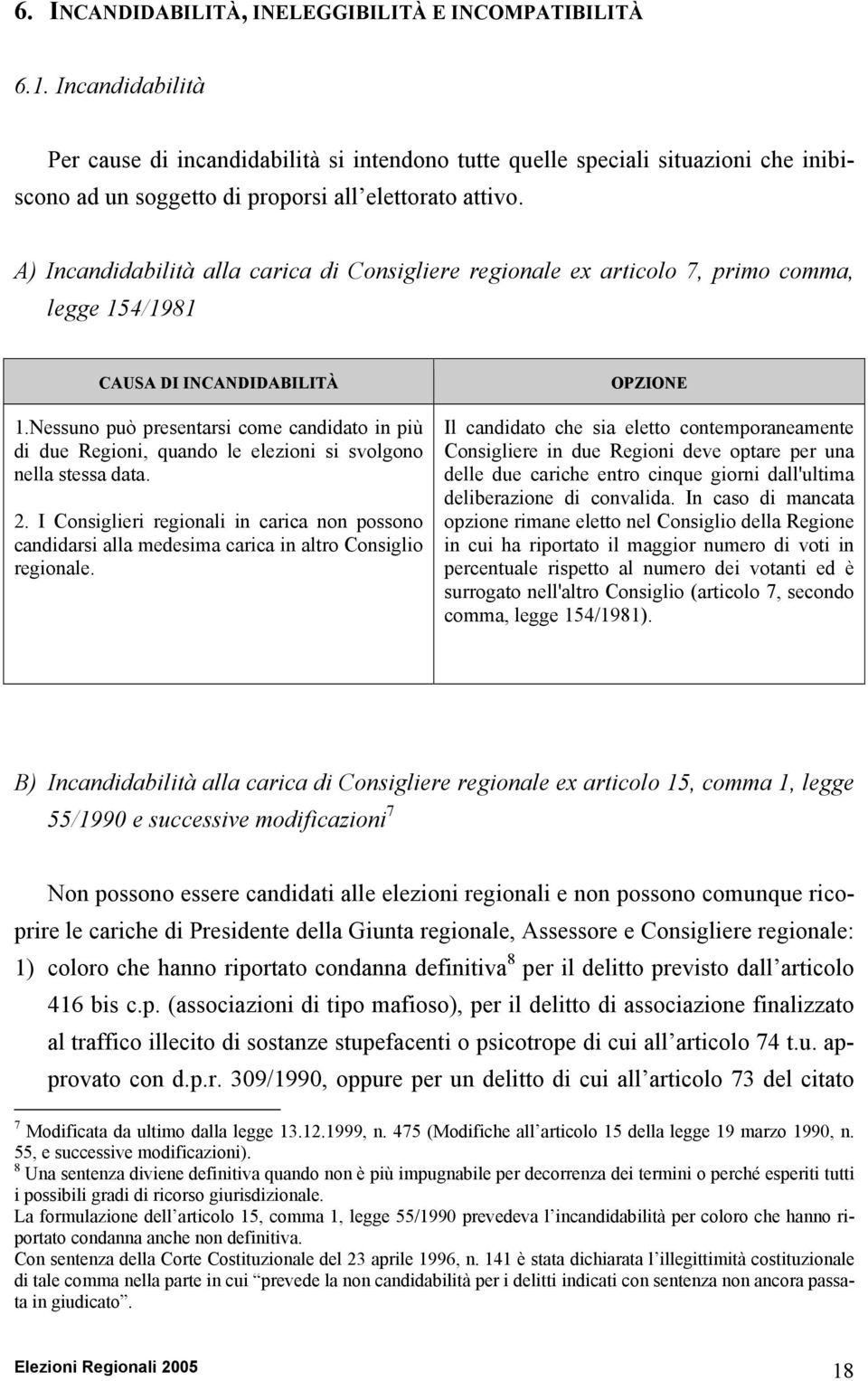 A) Incandidabilità alla carica di Consigliere regionale ex articolo 7, primo comma, legge 154/1981 CAUSA DI INCANDIDABILITÀ 1.