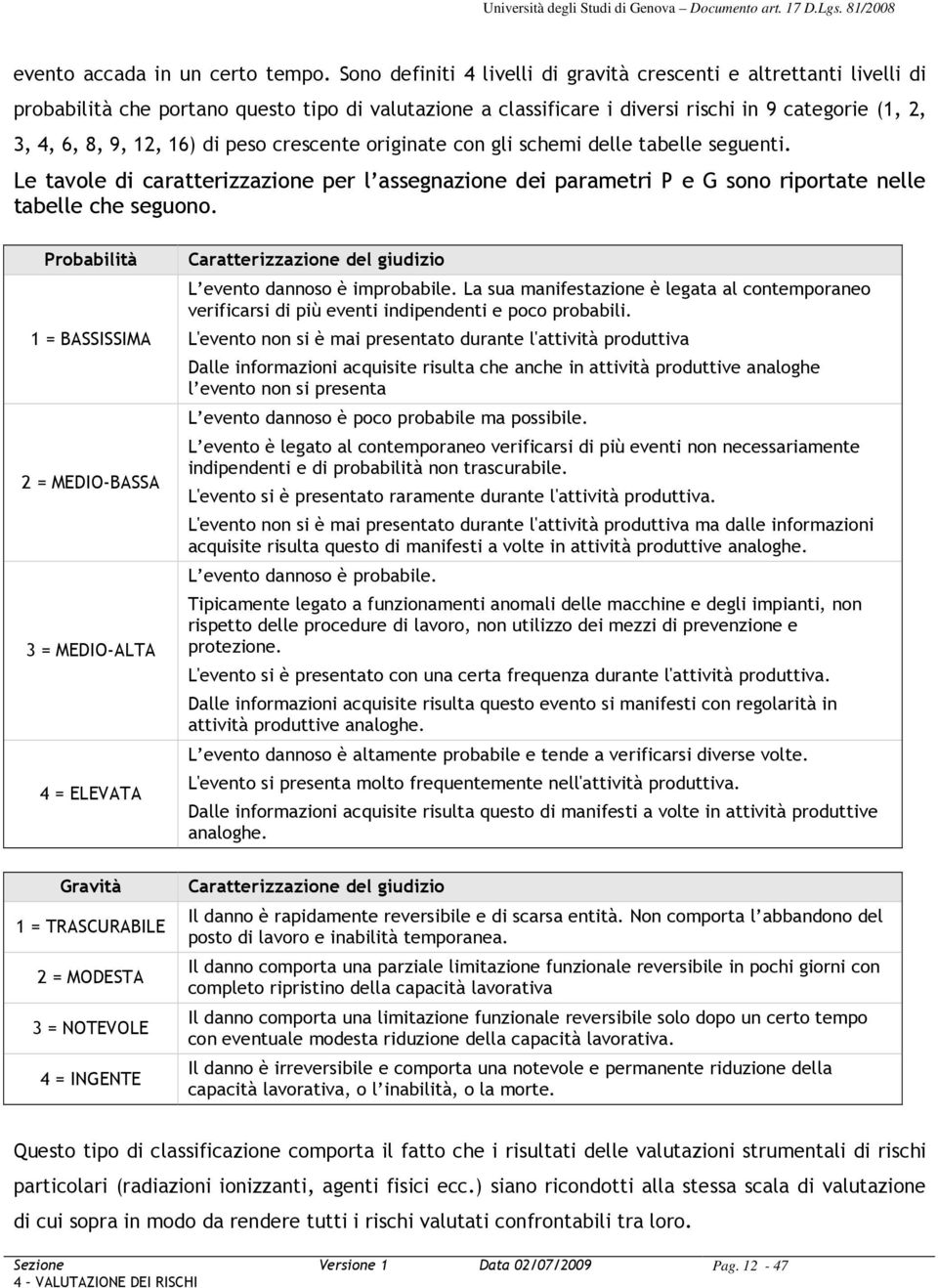 peso crescente originate con gli schemi delle tabelle seguenti. Le tavole di caratterizzazione per l assegnazione dei parametri P e G sono riportate nelle tabelle che seguono.