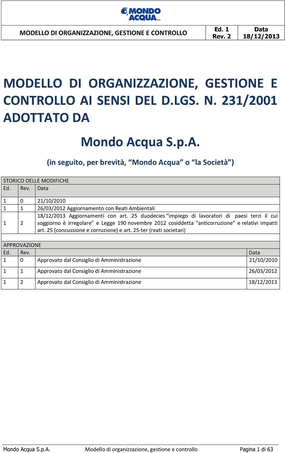 25 duodecies impiego di lavoratori di paesi terzi il cui soggiorno è irregolare e Legge 190 novembre 2012 cosiddetta "anticorruzione" e relativi impatti art. 25 (concussione e corruzione) e art.