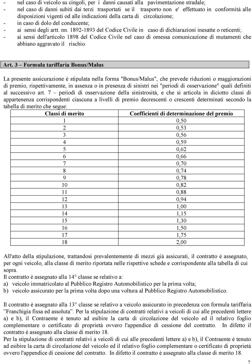 1892-1893 del Codice Civile in caso di dichiarazioni inesatte o reticenti; - ai sensi dell'articolo 1898 del Codice Civile nel caso di omessa comunicazione di mutamenti che abbiano aggravato il