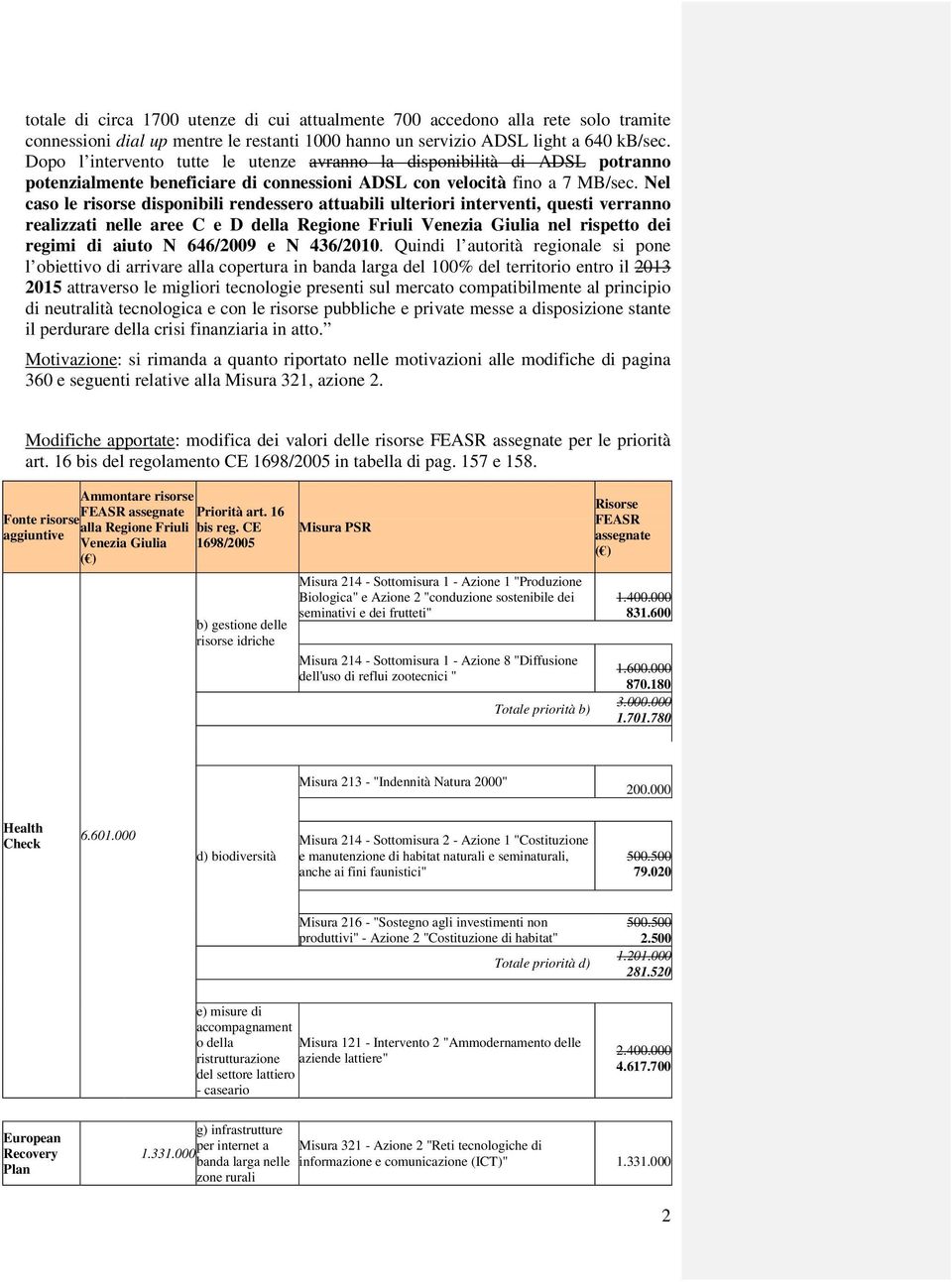 Nel caso le risorse disponibili rendessero attuabili ulteriori interventi, questi verranno realizzati nelle aree C e D della Regione Friuli Venezia Giulia nel rispetto dei regimi di aiuto N 646/2009