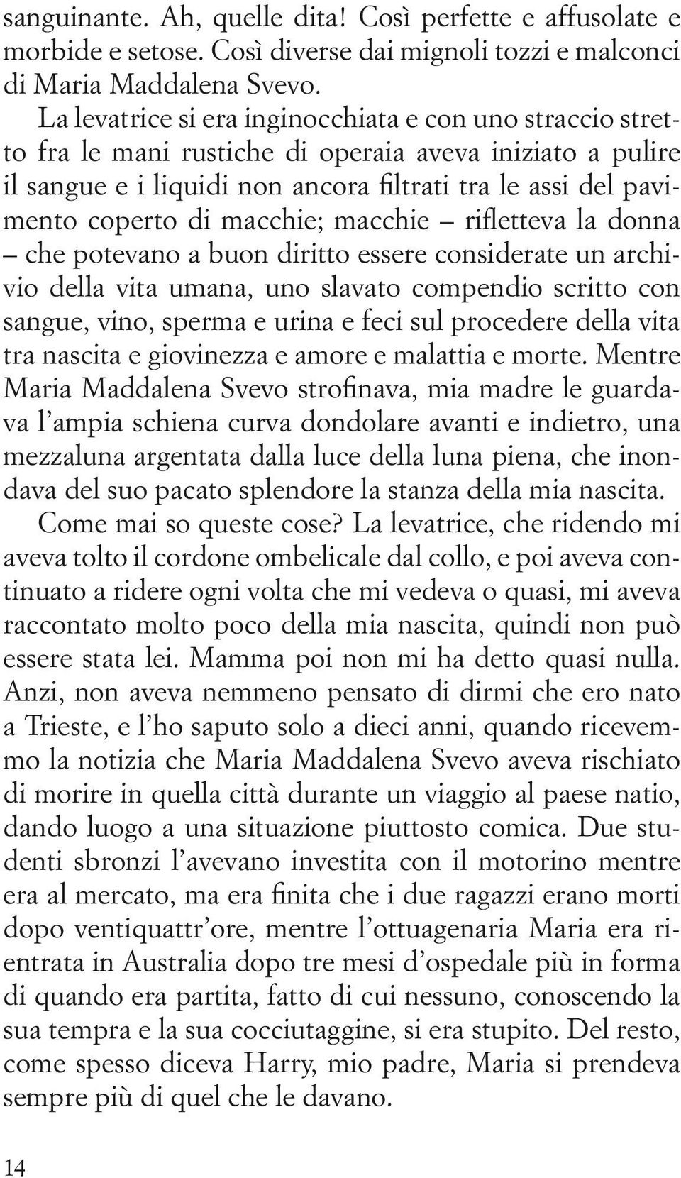 macchie; macchie rifletteva la donna che potevano a buon diritto essere considerate un archivio della vita umana, uno slavato compendio scritto con sangue, vino, sperma e urina e feci sul procedere