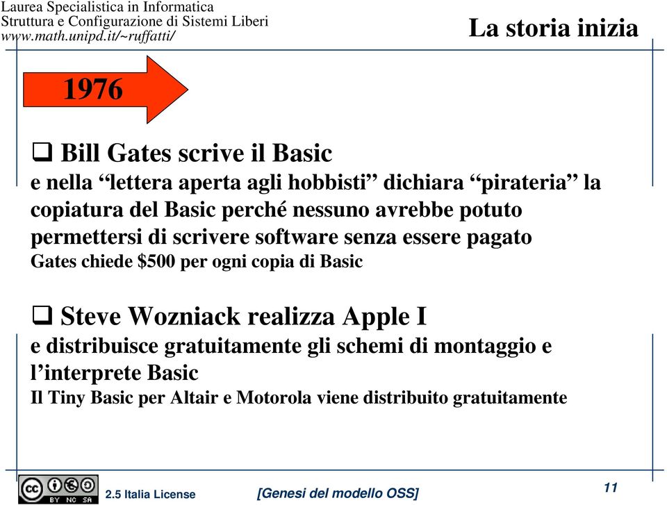 Gates chiede $500 per ogni copia di Basic Steve Wozniack realizza Apple I e distribuisce gratuitamente gli