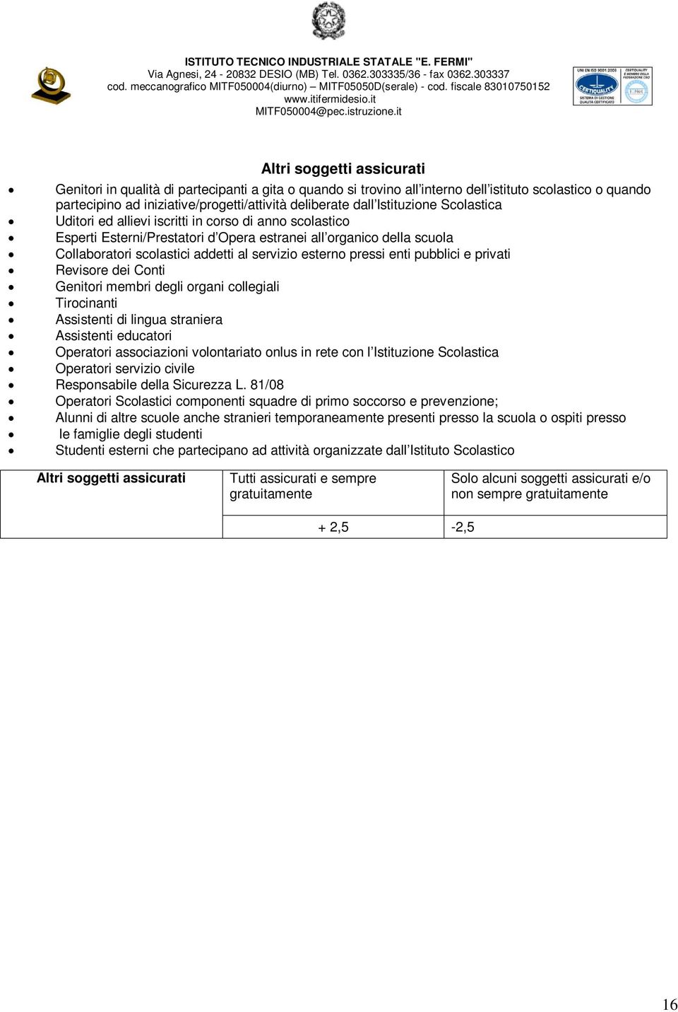 esterno pressi enti pubblici e privati Revisore dei Conti Genitori membri degli organi collegiali Tirocinanti Assistenti di lingua straniera Assistenti educatori Operatori associazioni volontariato