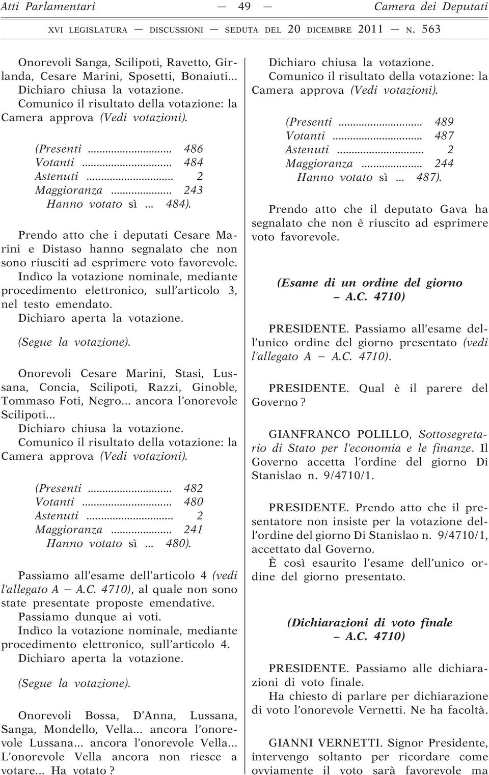 Prendo atto che i deputati Cesare Marini e Distaso hanno segnalato che non sono riusciti ad esprimere voto favorevole.