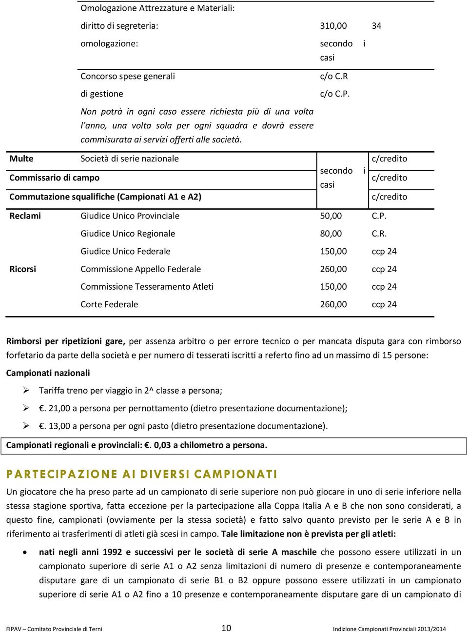 Multe Società di serie nazionale Commissario di campo Commutazione squalifiche (Campionati A1 e A2) secondo casi i c/credito c/credito c/credito Reclami Giudice Unico Pr