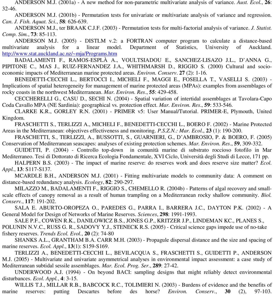 2: a FORTRAN computer program to calculate a distance-based multivariate analysis for a linear model. Department of Statistics, University of Auckland. http://www.stat.auckland.ac.nz/~mja/programs.