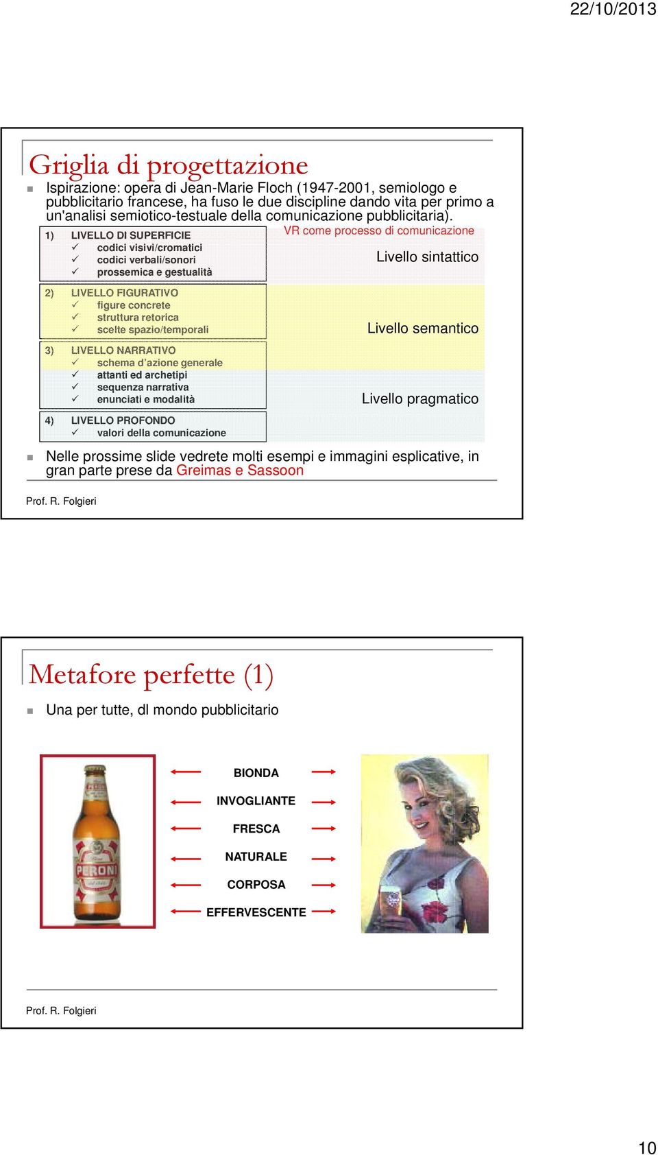 1) LIVELLO DI SUPERFICIE codici visivi/cromatici codici verbali/sonori prossemica e gestualità 2) LIVELLO FIGURATIVO figure concrete struttura retorica scelte spazio/temporali 3) LIVELLO NARRATIVO