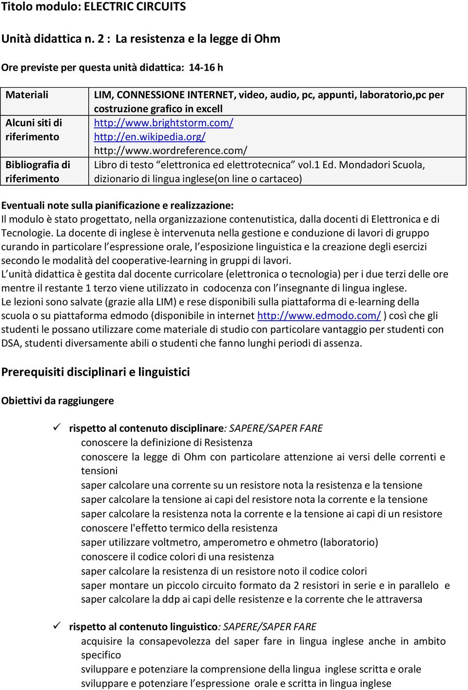 appunti, laboratorio,pc per costruzione grafico in excell http://www.brightstorm.com/ http://en.wikipedia.org/ http://www.wordreference.com/ Libro di testo elettronica ed elettrotecnica vol.1 Ed.