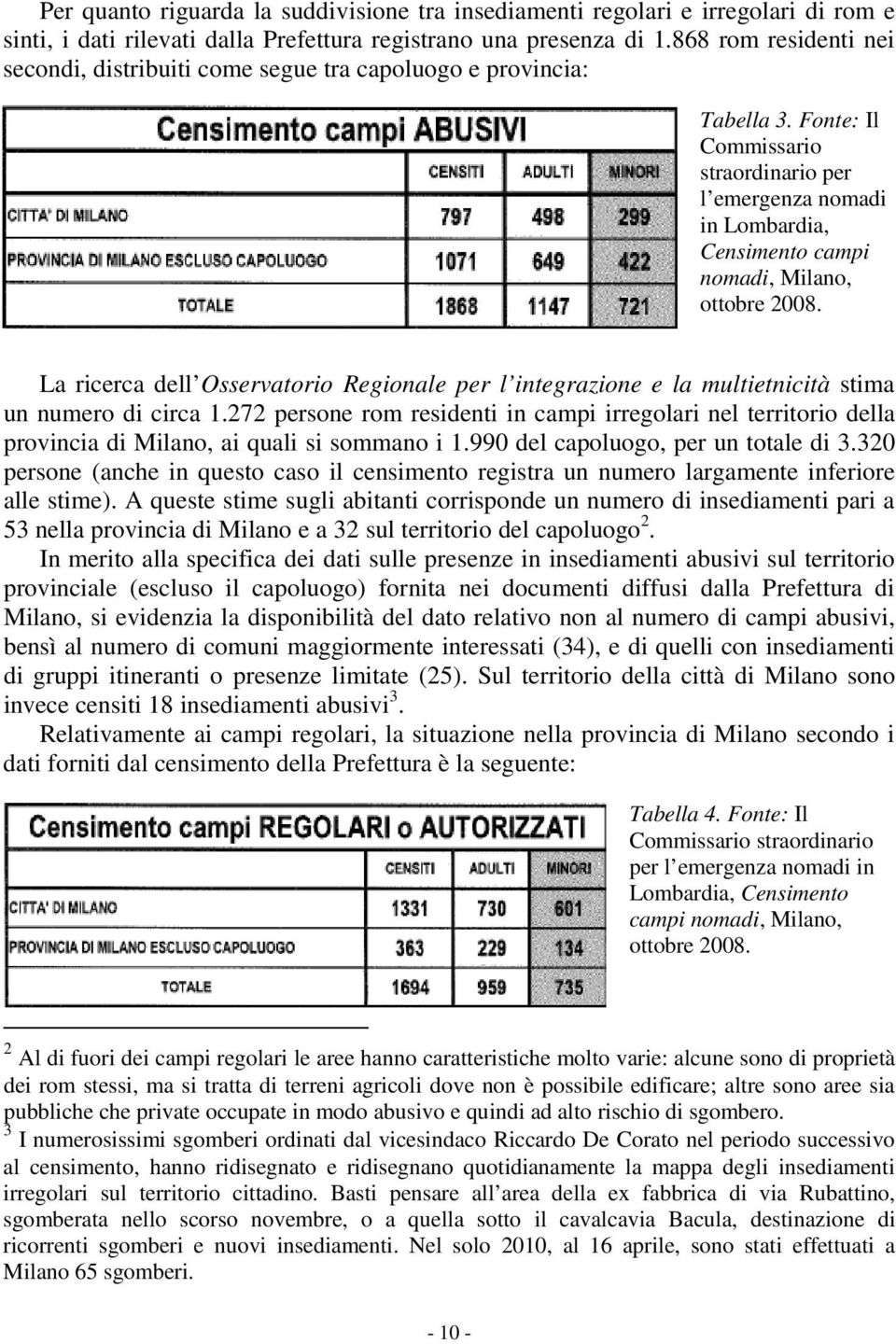 Fonte: Il Commissario straordinario per l emergenza nomadi in Lombardia, Censimento campi nomadi, Milano, ottobre 2008.