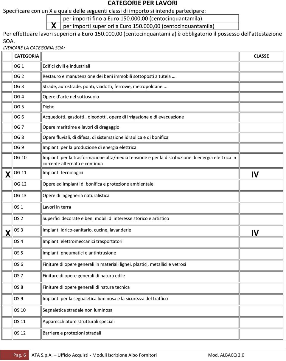 INDICARE LA CATEGORIA SOA: CATEGORIA X CLASSE OG 1 OG 2 Edifici civili e industriali Restauro e manutenzione dei beni immobili sottoposti a tutela.