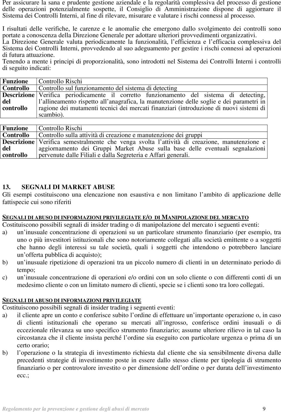 I risultati delle verifiche, le carenze e le anomalie che emergono dallo svolgimento dei controlli sono portate a conoscenza della Direzione Generale per adottare ulteriori provvedimenti