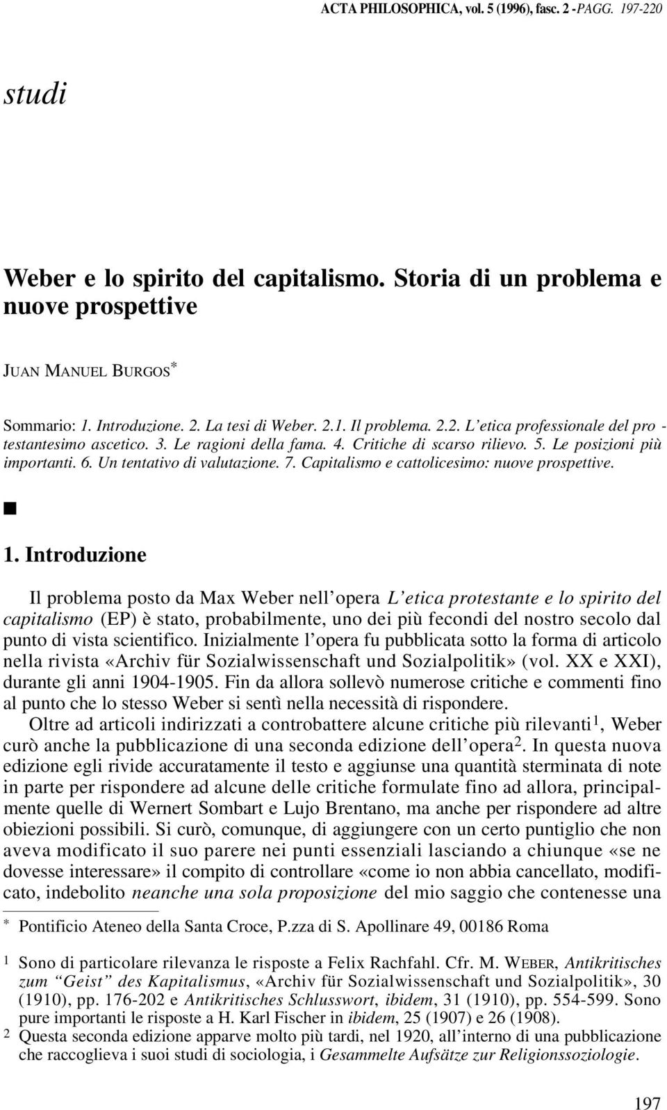 7. Capitalismo e cattolicesimo: nuove prospettive. 1.