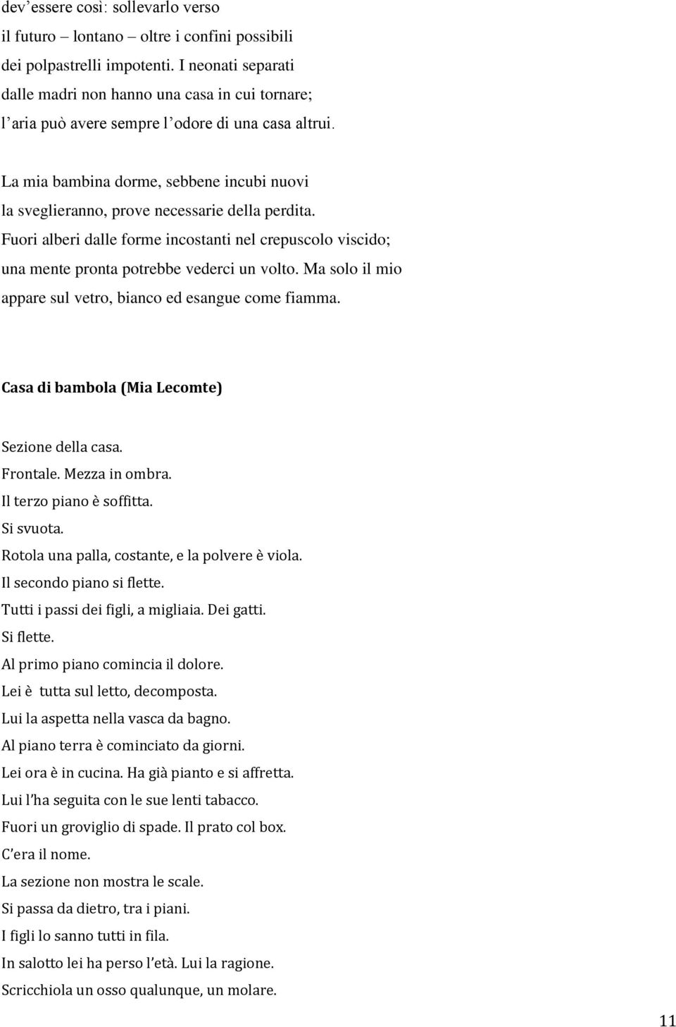 La mia bambina dorme, sebbene incubi nuovi la sveglieranno, prove necessarie della perdita. Fuori alberi dalle forme incostanti nel crepuscolo viscido; una mente pronta potrebbe vederci un volto.