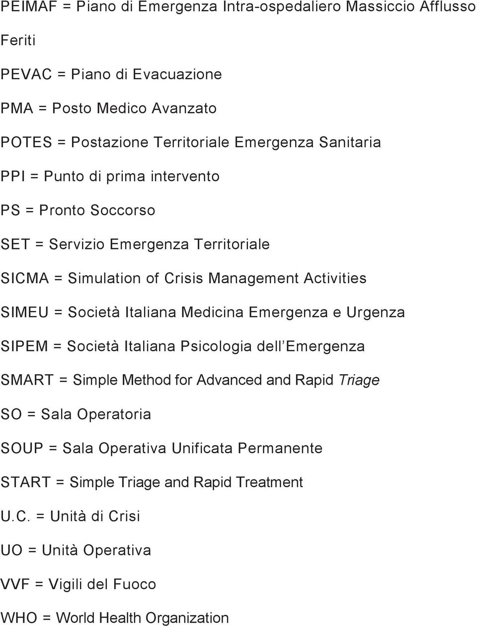 Italiana Medicina Emergenza e Urgenza SIPEM = Società Italiana Psicologia dell Emergenza SMART = Simple Method for Advanced and Rapid Triage SO = Sala Operatoria SOUP =