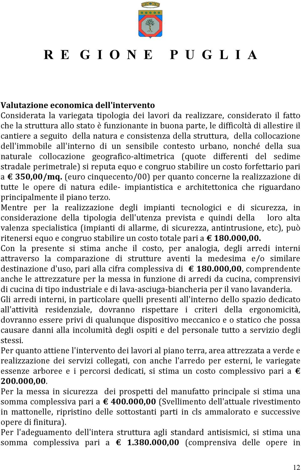 geografico-altimetrica (quote differenti del sedime stradale perimetrale) si reputa equo e congruo stabilire un costo forfettario pari a 350,00/mq.