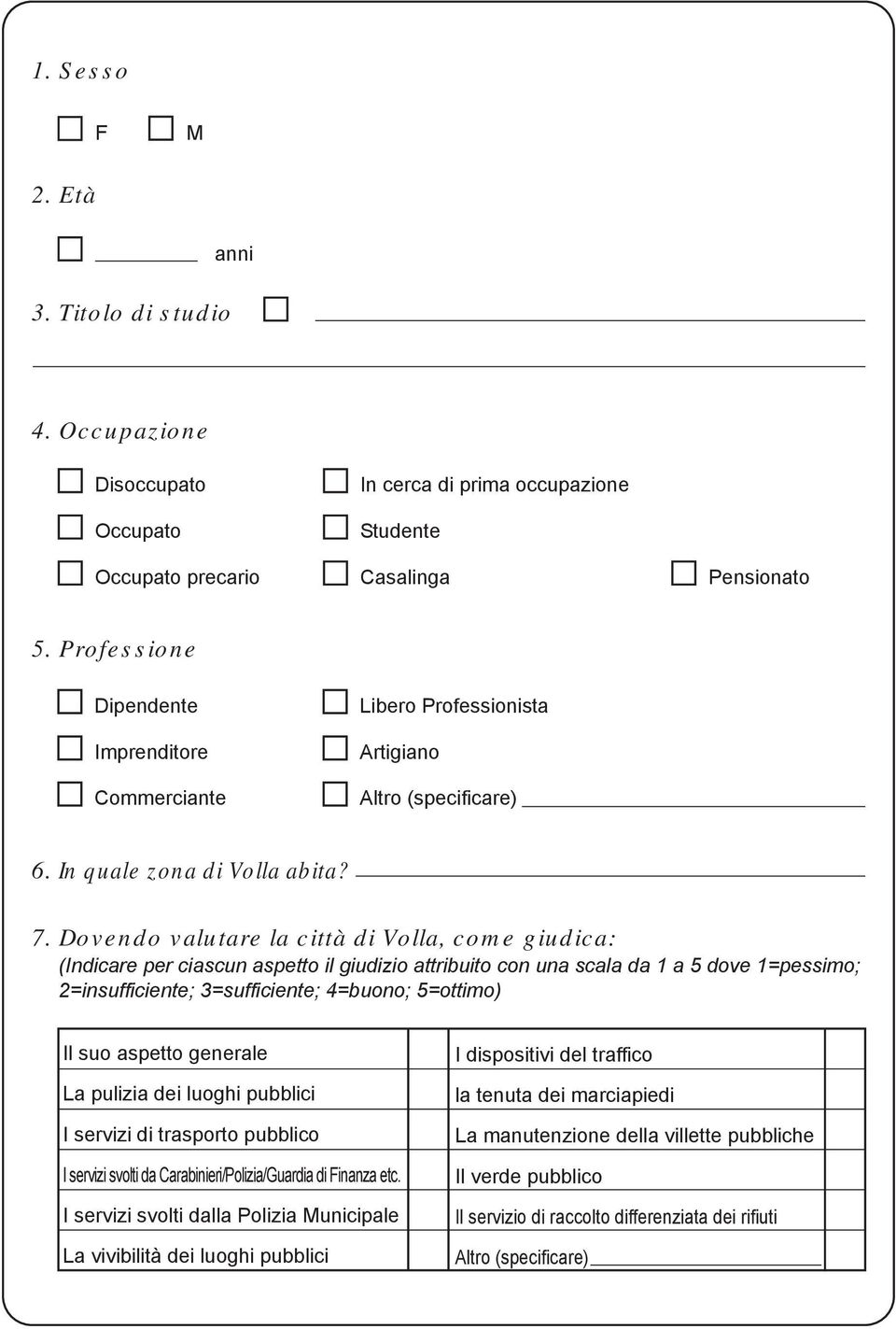 Dovendo valutare la città di Volla, come giudica: (Indicare per ciascun aspetto il giudizio attribuito con una scala da 1 a 5 dove 1=pessimo; 2=insufficiente; 3=sufficiente; 4=buono; 5=ottimo) Il suo