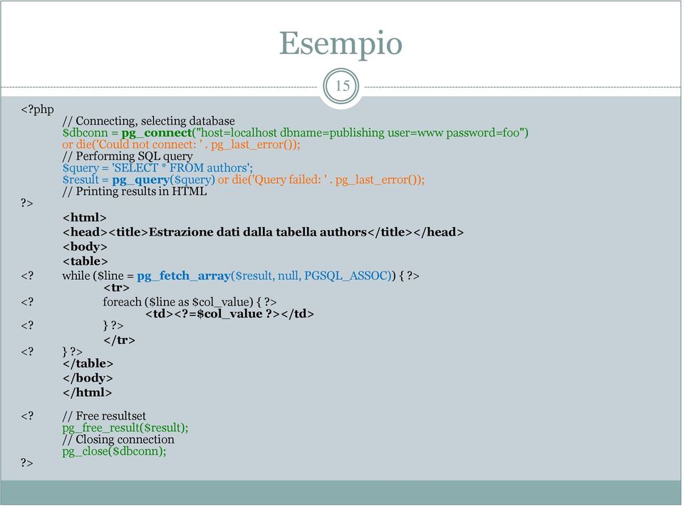 pg_last_error()); // Printing results in HTML?> <html> <head><title>estrazione dati dalla tabella authors</title></head> <body> <table> <?