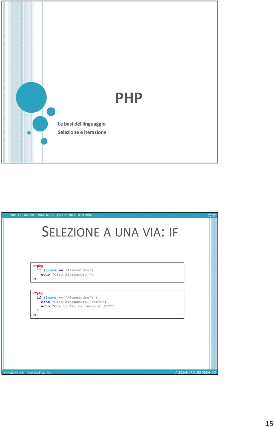 echo "Ciao Alessandro!"; if ($nome == "Alessandro") { echo "Ciao Alessandro!