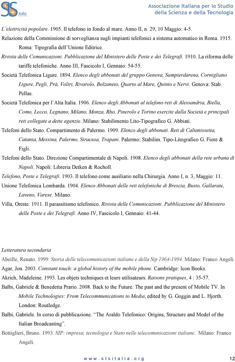 Anno III, Fascicolo I, Gennaio: 54-55. Società Telefonica Ligure. 1894.