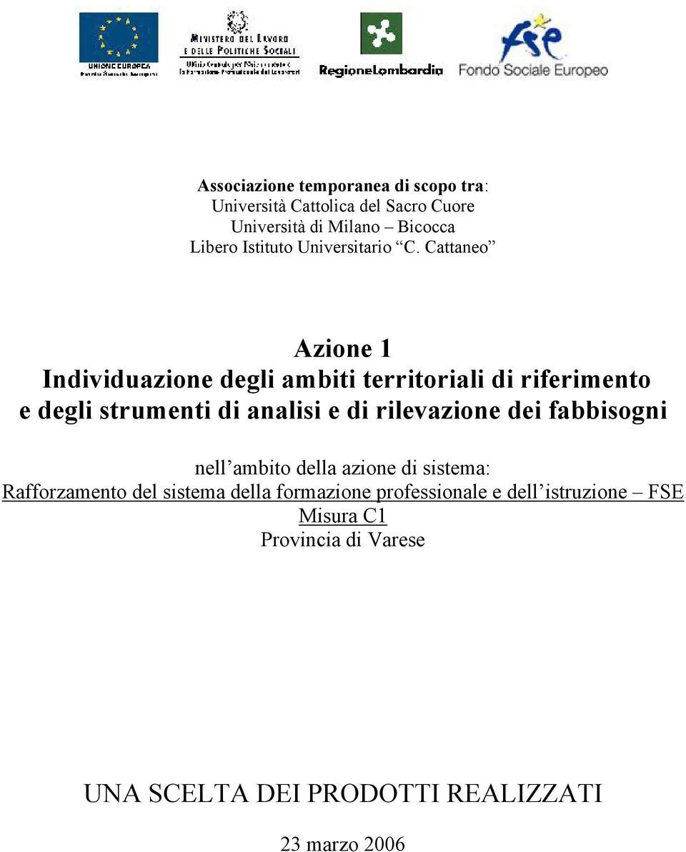 Cattaneo Azione 1 Individuazione degli ambiti territoriali di riferimento e degli strumenti di analisi e di