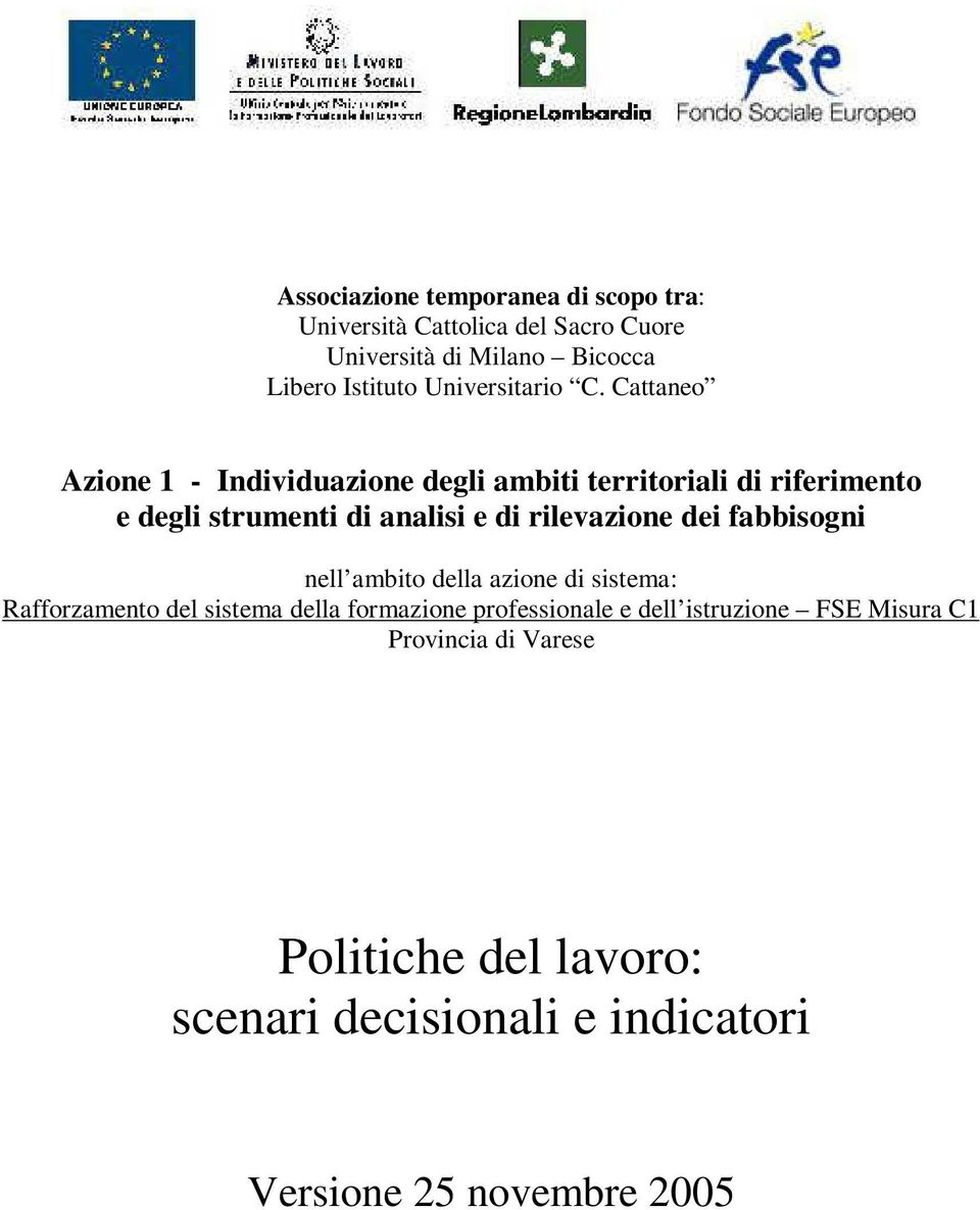 Cattaneo Azione 1 - Individuazione degli ambiti territoriali di riferimento e degli strumenti di analisi e di rilevazione