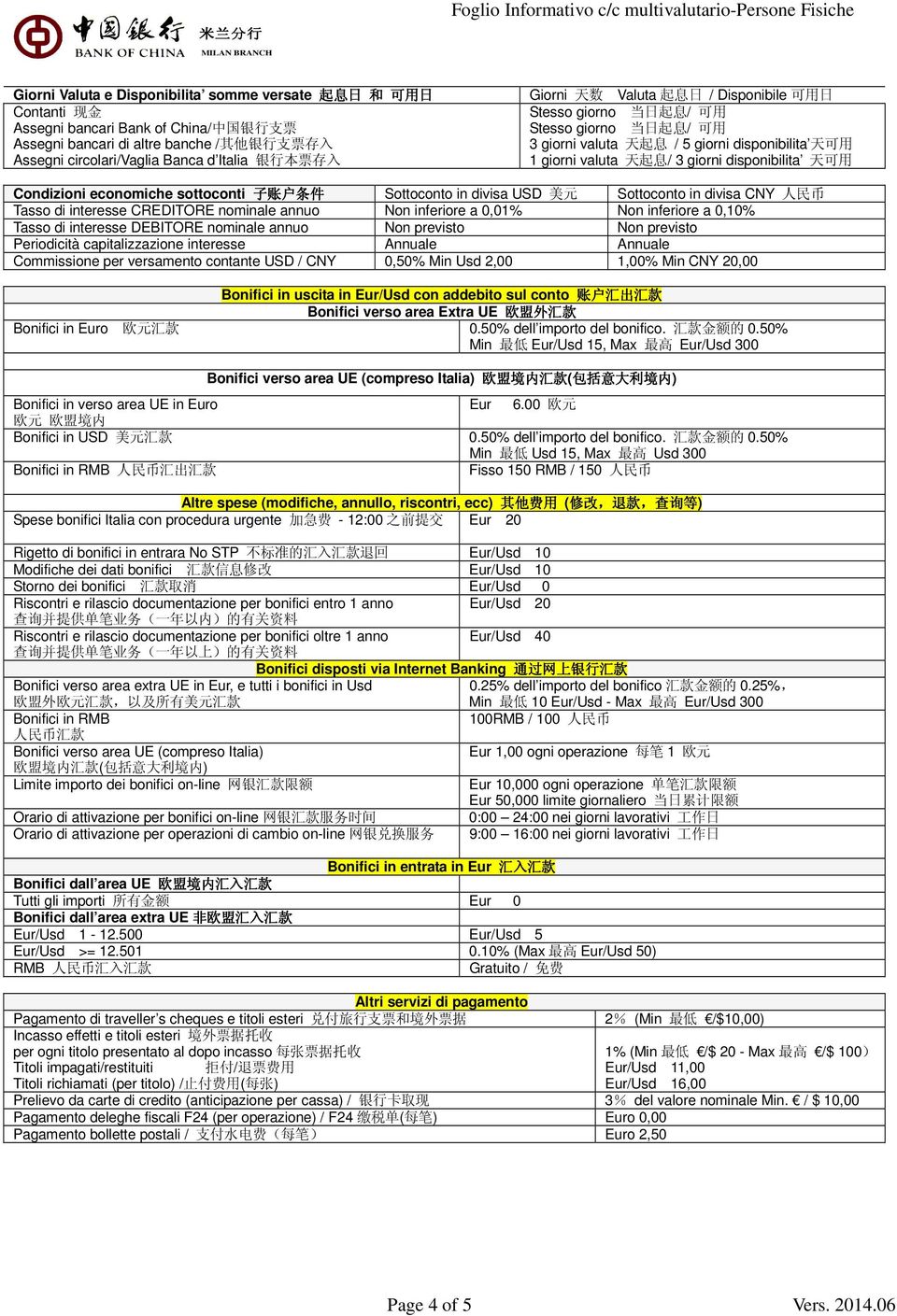 giorni disponibilita 天 可 用 Condizioni economiche sottoconti 子 账 户 条 件 Sottoconto in divisa USD 美 元 Sottoconto in divisa CNY 人 民 币 Tasso di interesse CREDITORE nominale annuo Non inferiore a 0,01% Non