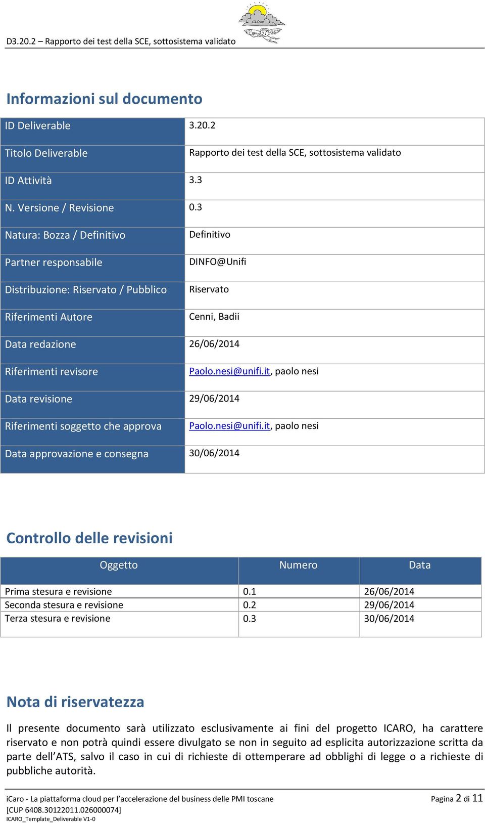 Paolo.nesi@unifi.it, paolo nesi Data revisione 29/06/2014 Riferimenti soggetto che approva Paolo.nesi@unifi.it, paolo nesi Data approvazione e consegna 30/06/2014 Controllo delle revisioni Oggetto Numero Data Prima stesura e revisione 0.