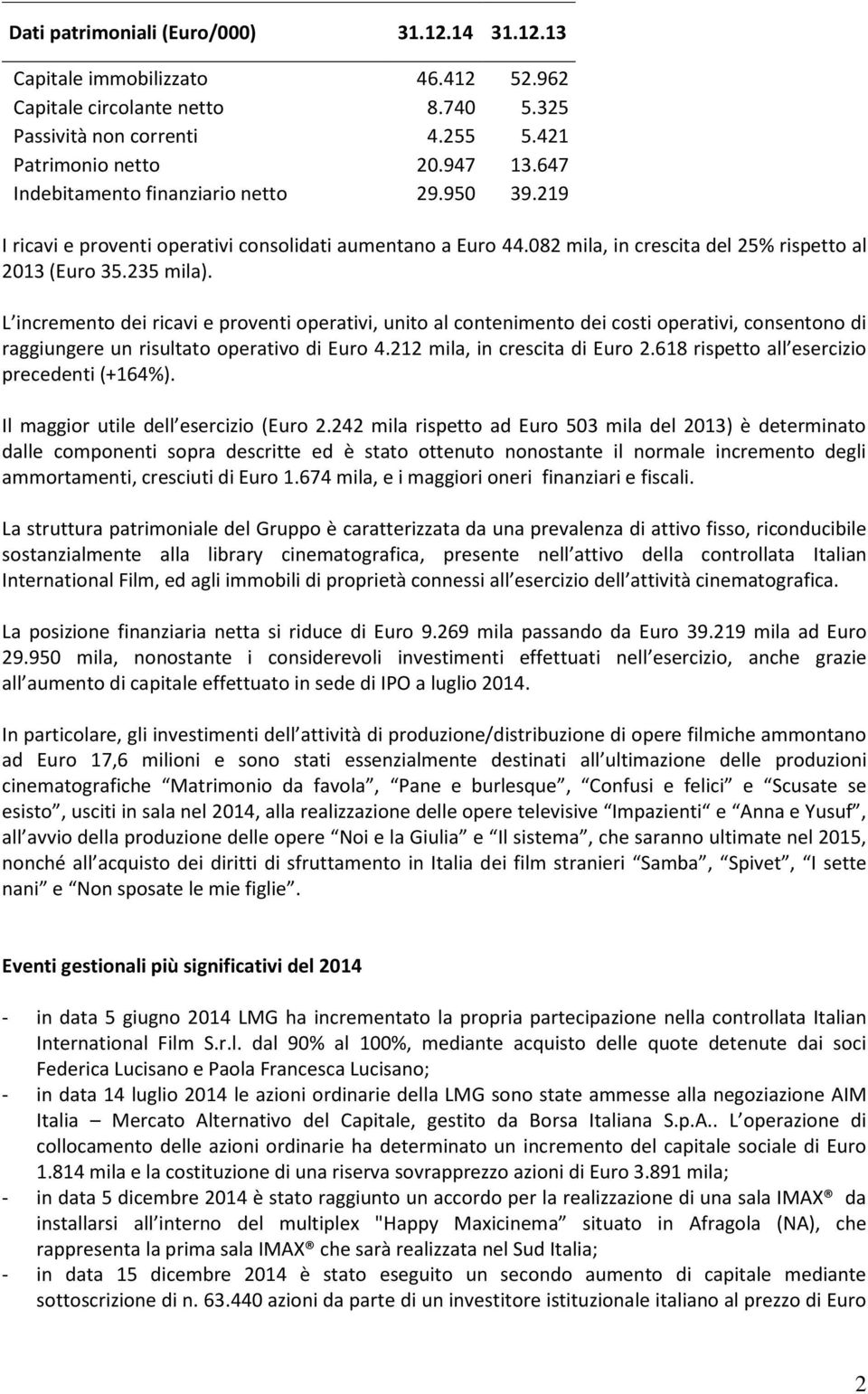 L incremento dei ricavi e proventi operativi, unito al contenimento dei costi operativi, consentono di raggiungere un risultato operativo di Euro 4.212 mila, in crescita di Euro 2.