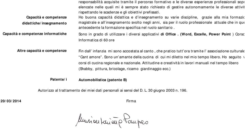 Ho buona capacità didattica e d insegnamento su varie discipline, grazie alla mia magistrale e all insegnamento svolto negli anni, sia per il ruolo professionale attuale che in quello antecedente la