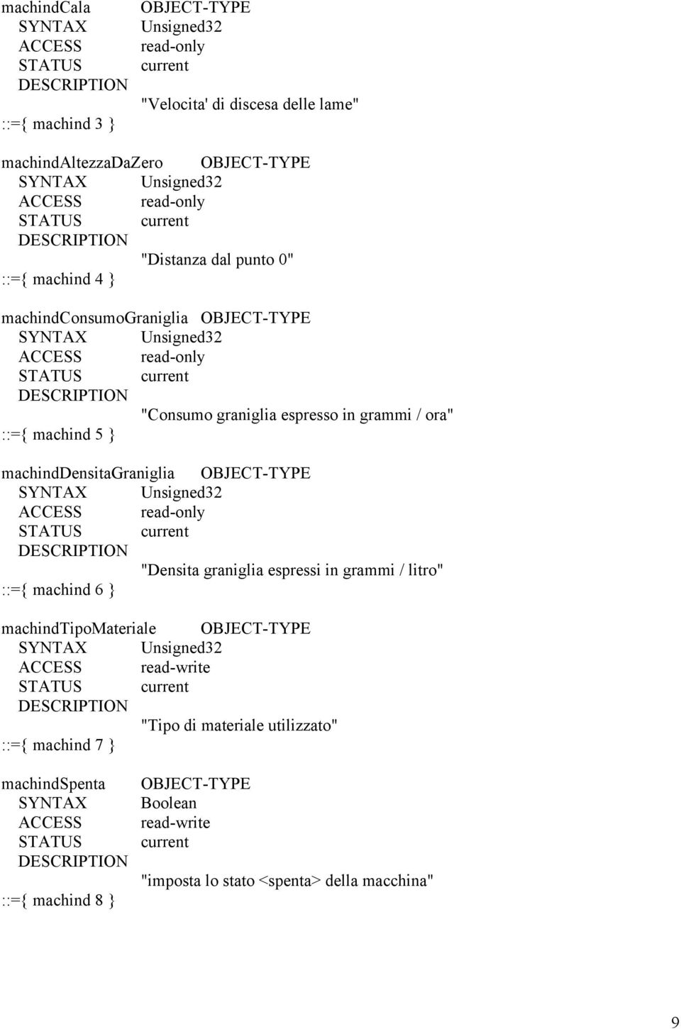 machinddensitagraniglia OBJECT-TYPE "Densita graniglia espressi in grammi / litro" ::={ machind 6 } machindtipomateriale OBJECT-TYPE ACCESS read-write "Tipo