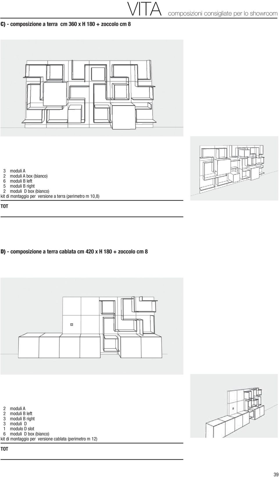 (perimetro m 10,8) D) - composizione a terra cablata cm 420 x H 180 + zoccolo cm 8 2 moduli A 2 moduli B left 3