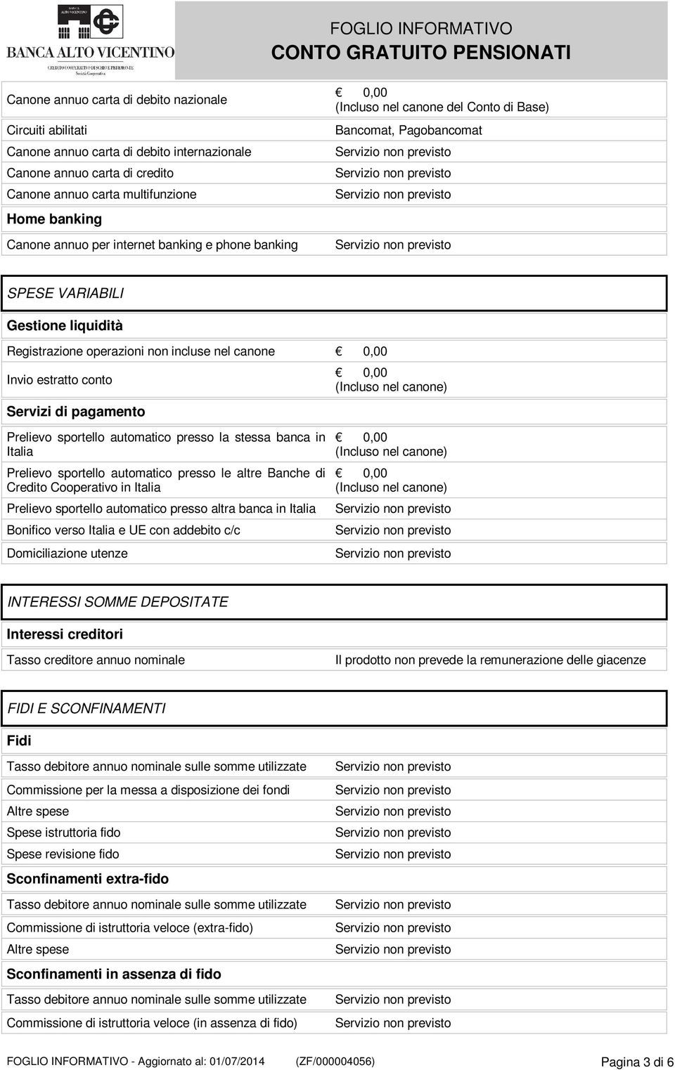 Servizi di pagamento (Incluso nel canone) Prelievo sportello automatico presso la stessa banca in Italia Prelievo sportello automatico presso le altre Banche di Credito Cooperativo in Italia Prelievo