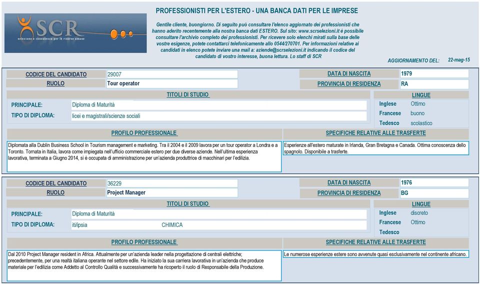 it è possibile consultare l'archivio completo dei professionisti. Per ricevere solo elenchi mirati sulla base delle vostre esigenze, potete contattarci telefonicamente allo 0544/270701.