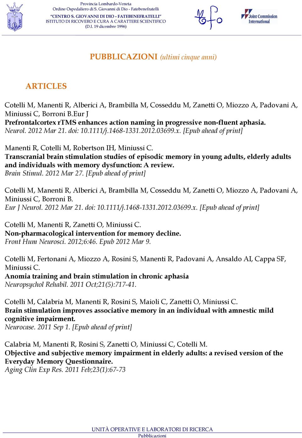 Transcranial brain stimulation studies of episodic memory in young adults, elderly adults and individuals with memory dysfunction: A review. Brain Stimul. 2012 Mar 27.