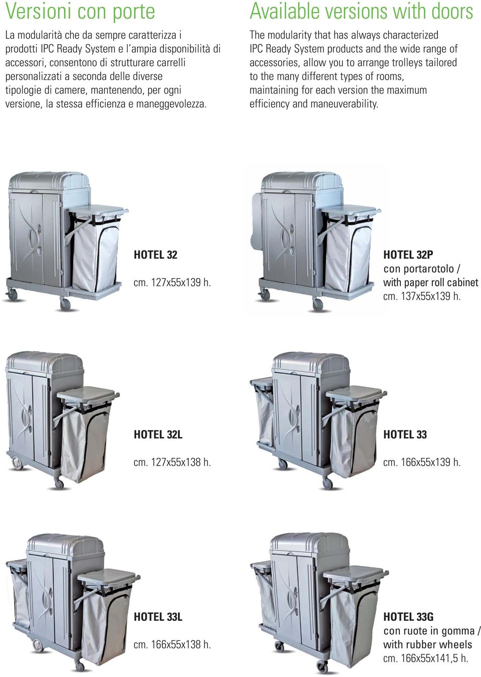 Available versions with doors The modularity that has always characterized IPC Ready System products and the wide range of accessories, allow you to arrange trolleys tailored to the many different