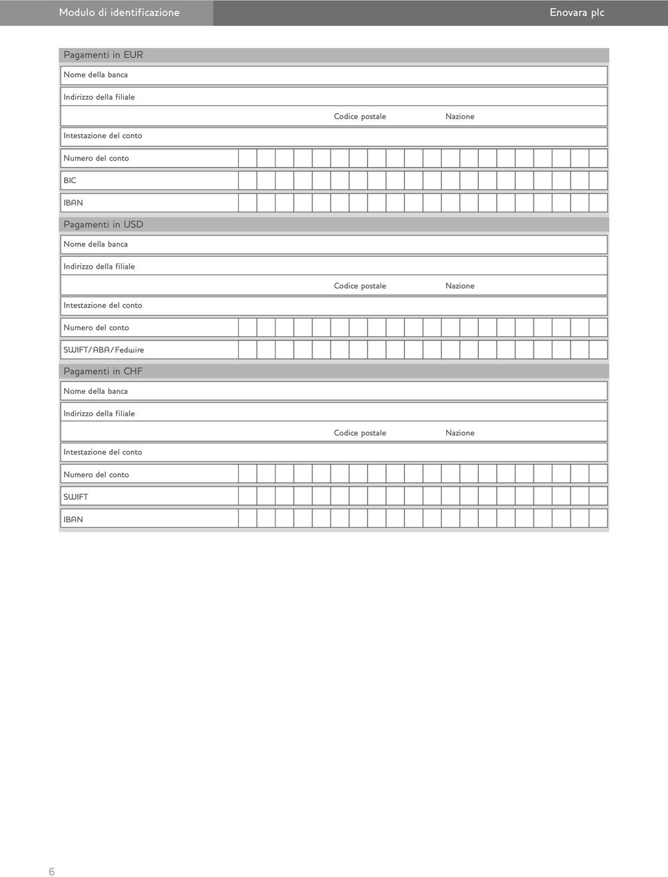 Pagamenti in USD Numer del cnt SWIFT/