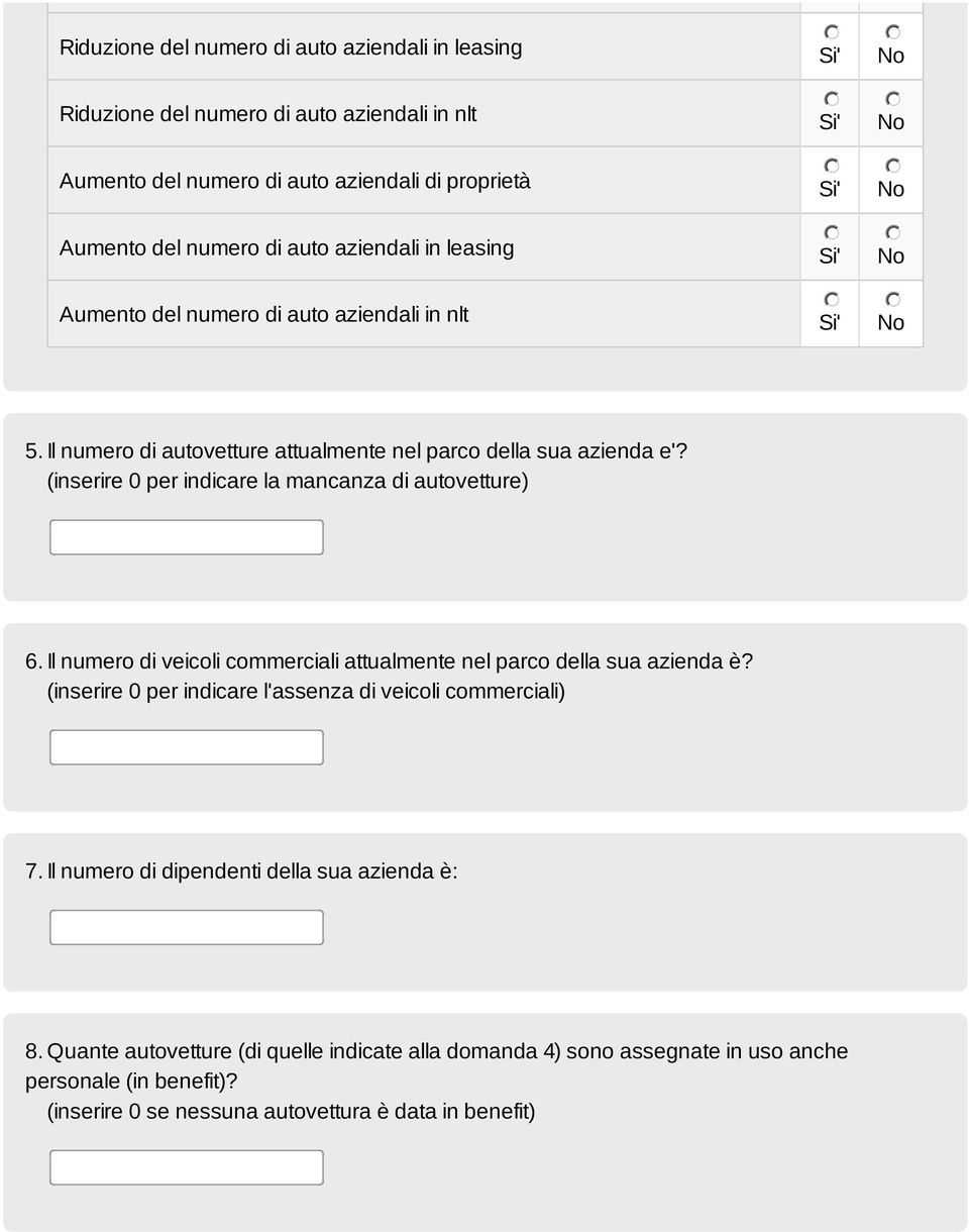 (inserire 0 per indicare la mancanza di autovetture) 6. Il numero di veicoli commerciali attualmente nel parco della sua azienda è?